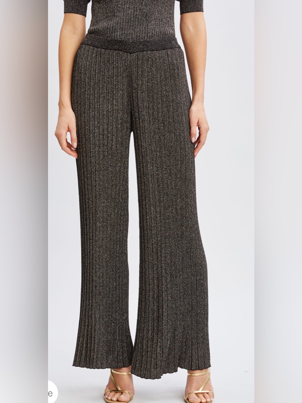 NWT T Tahari Metallic Pleated Wide Leg Pants Black Gold Lurex M